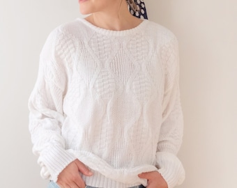 Ladies Vintage Sweater In White | Cable Knit Crew Neck Jumper | Aesthetic Spring/Summer Clothing