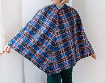 Women's Vintage Plaid Poncho | 90s Sweater Cape | Hippie Style Pullover Fleece in Blue
