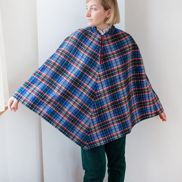 Women's Vintage Plaid Poncho | 90s Sweater Cape | Hippie Style Pullover Fleece in Blue