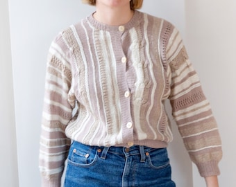 pull en maille torsadée vintage | Cardigan beige boutonné | Pull épais pour femme