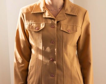 Vintage Front Pocket Jacket In Caramel | Light Button Down Hippie Style Blazer | Spring Clothing