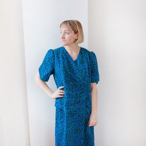 80s Ruched Dress in Blue & Green Size XL image 1
