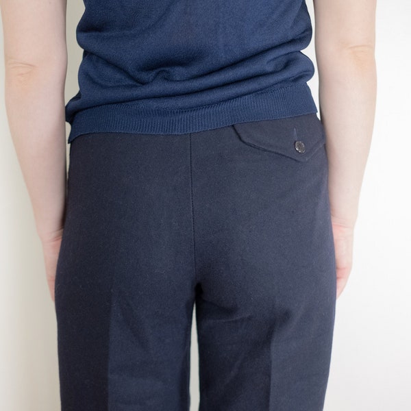 Vintage Straight Leg Crease Pants | Ladies Navy Blue Wool Trousers | Retro Formal Bottoms