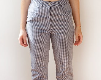 Vintage Slim Fit Check Pattern Pants | 60's Mod Style Mid Rise Trousers | White/Navy Blue Women's Retro Bottoms