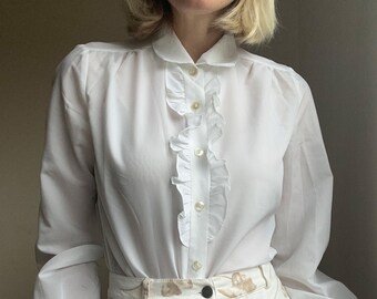 Lady Holiday Vintage Secretary White Blouse Womens Lace Ruffle Collar ...