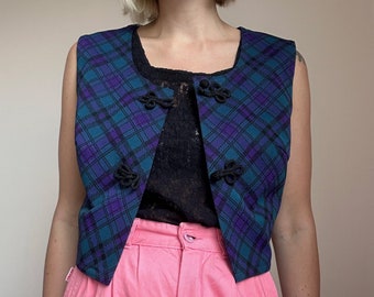 Folk Style Vintage Vest | Frog Closure Plaid Waistcoat | Unique Square Neck Top