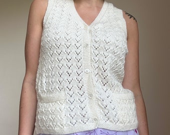 vintage au crochet avec poches | Cardigan sans manches en Blanc | Haut bohème d'été en maille légère