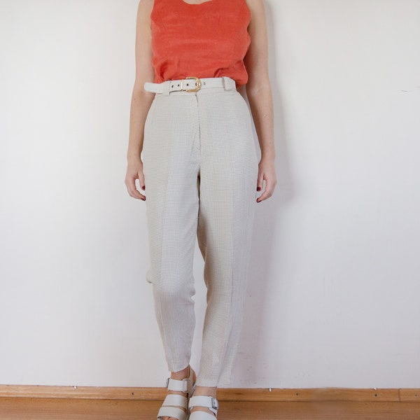 Vintage High Waist Check Pants | 80s Cigarette Trousers | Light Beige Women's Summer Bottoms