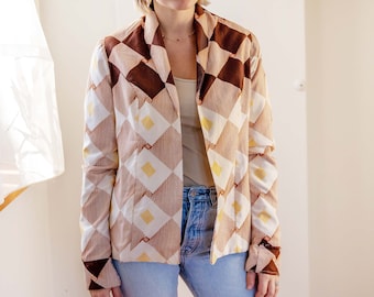 Vintage Spring/Summer Collar Jacket | Check Pattern Boho Style Blazer | Women's Brown Cardigan