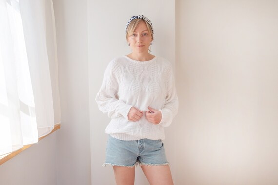 Vintage White Knitted Sweater, Oversized Cable Kn… - image 1