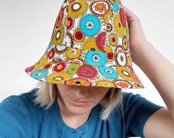 70s Funky Bucket Hat, Abstract Print Retro Hat, Vintage Clothing