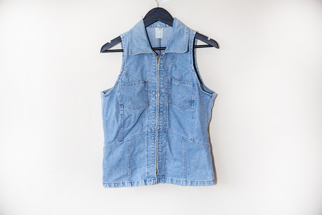 Light Wash Zip up Denim Vest Etsy