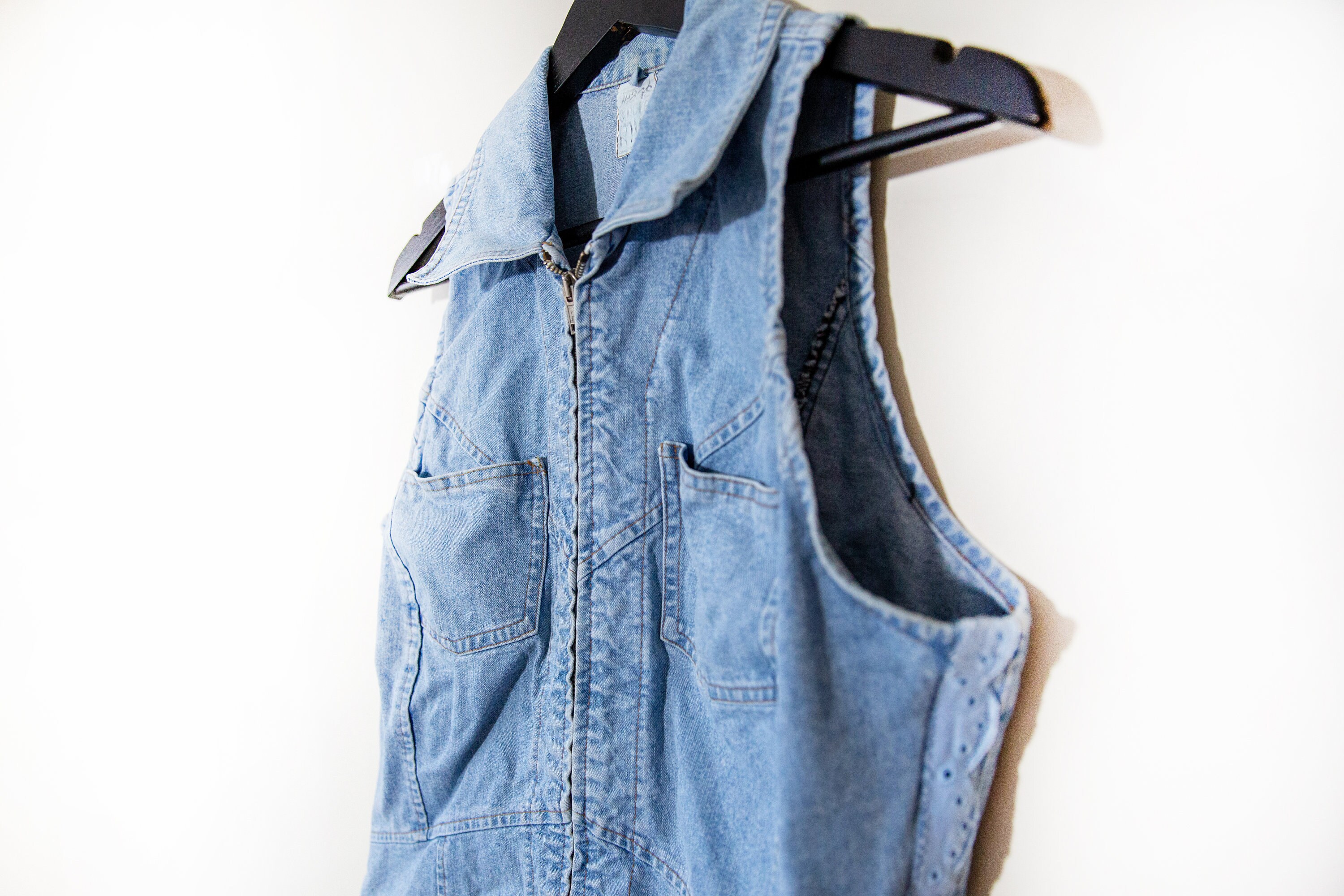 Light Wash Zip up Denim Vest Etsy