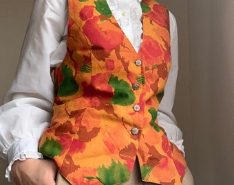 gilet en lin orange vintage | Gilet floral style hippie | Haut bohème sans manches pour femmes