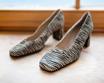 Zebra Print Vintage Heels, Womens 90s Pumps, EU Size 35 Leather Shoes