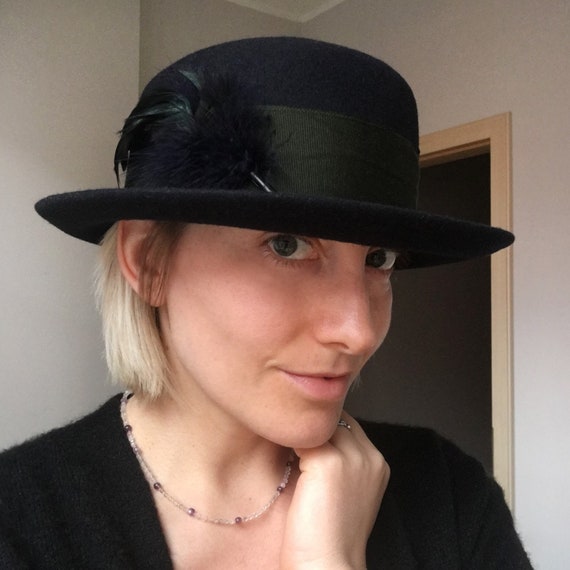 ?HP? Vintage Navy Blue Wool Feather Hat Accessories | 3 For 3 Vintage Navy Blue Hat With Feather  main image 3