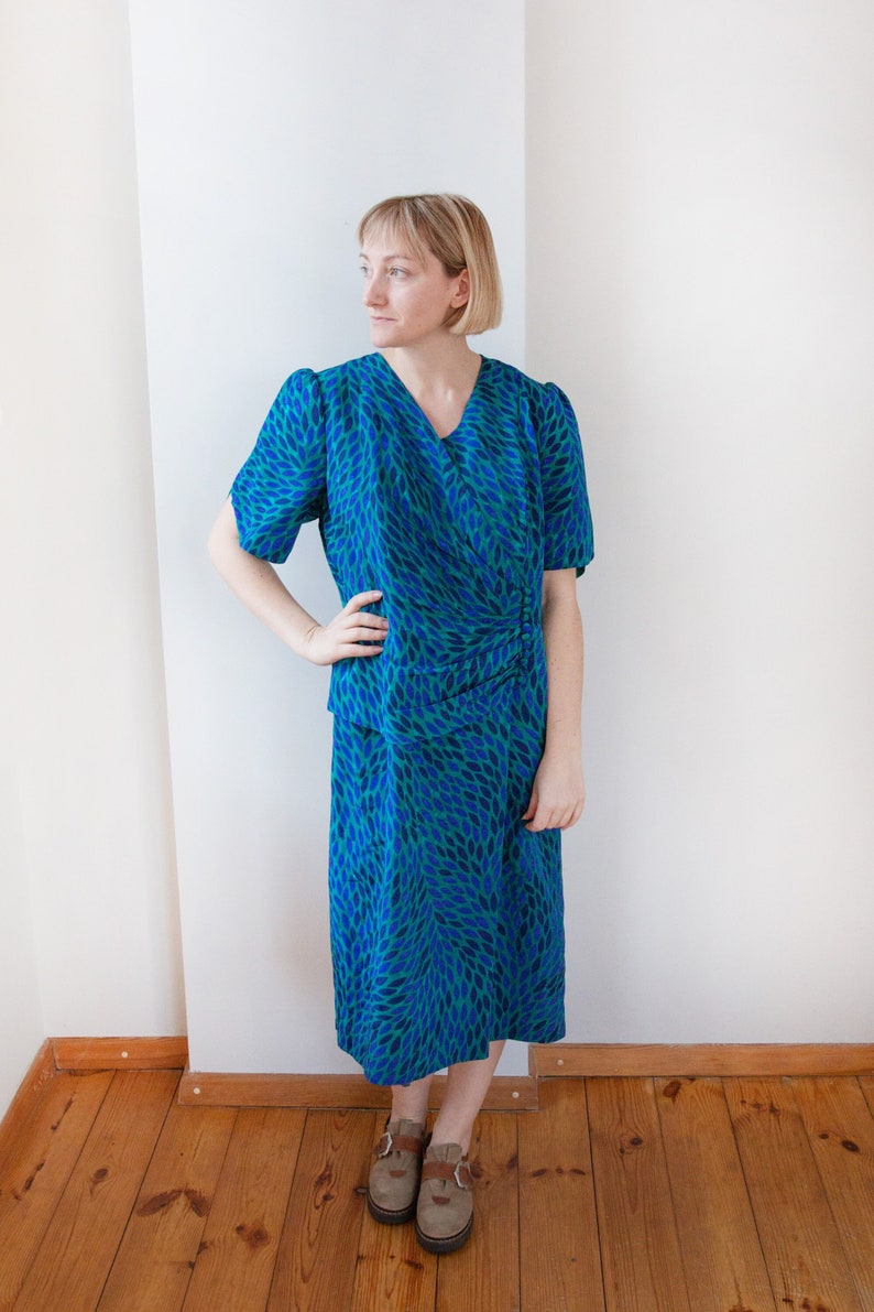 80s Ruched Dress in Blue & Green Size XL image 1