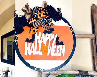 Vrolijk Halloween-deurbordje, Halloween-deurhanger, griezelige voordeurdecoratie, rond houten Halloween-bord, vleermuisdecoratie voor de veranda, herfstdecoratie in landelijke stijl