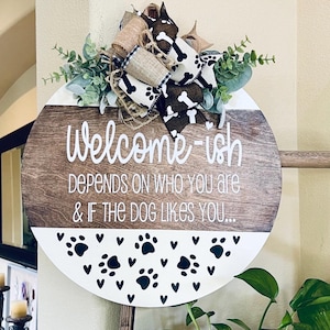 Front Door Decor, Dog Door Sign, Welcomish Door Hanger, Front Door Wreath, Dog Lover Gift
