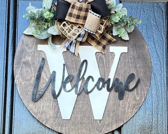 Monogram Door Decor, Monogram Welcome Door Sign, Front Door Hanger, Wood Farmhouse Wreath, Initial Door Sign