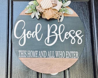Deurbordje "God zegene dit huis", rustiek rond houten bord in boerderijstijl, christelijke woondecoratie, wanddecoratie voor de voordeur, housewarming cadeau