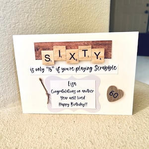Scrabble 60th Birthday Card, Personalized Birthday Card, Milestone Birthday Greeting, unique Birthday Card, Scrabble Tile Greeting
