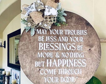 Decoración para puerta de entrada, letrero de bendición, colgador cristiano para puerta, corona con escrituras, letrero de bienvenida.