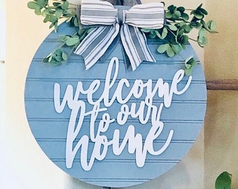 Grey Door Decor| Welcome Door Sign| Wood Farmhouse Wreath| Grey Welcome Door Hanger