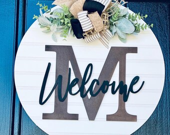 Rustic Monogram Welcome Sign, Custom Last Name Sign, Front Door Decor, Initial Door Hanger, Personalized Wood Wreath, Monogram Wall Decor