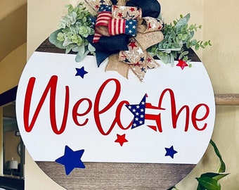 Front Door Decor, Welcome Door Sign, Fourth Of July Door Hanger, Patriotic Door Sign, Happy Fourth Of July, Front Door Wreath