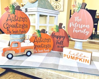 Personalized Fall Tiered Tray Decor, Fall Pumpkin Shelf Sitter, Family Name Pumpkin, Personalized Fall Decor, Wooden Personalized Pumpkin