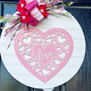 Valentines Heart Door Hanger: Pink Welcome Sign, Wood Wreath