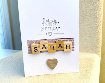 Scrabble Personalized Name Card, Scrabble Birthday Card, Handmade Card, Fun Greeting Card