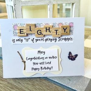 Cartão de aniversário de 80 anos do Scrabble, cartão de aniversário personalizado, saudação de aniversário de marco