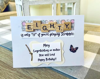 Scrabble 80th Birthday Card, Personalized Birthday Card, Milestone Birthday Greeting