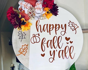 Decoración otoñal para puerta de entrada, Letrero de "Feliz otoño", Perchero de bienvenida, Corona de madera otoñal, Letrero otoñal, Decoración de calabaza para puerta