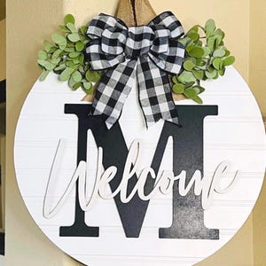 Monogram Front Door Sign, Welcome Door Decor, Front Door Hanger, Wood Wreath