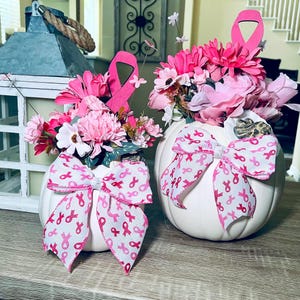 Personalized Pumpkins, Breast Cancer Faux Pumpkins, Pink Pumpkin Floral Arrangement with Breast Cancer Awareness Ribbon, Support Gift