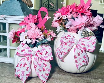 Personalized Pumpkins, Breast Cancer Faux Pumpkins, Pink Pumpkin Floral Arrangement with Breast Cancer Awareness Ribbon, Support Gift