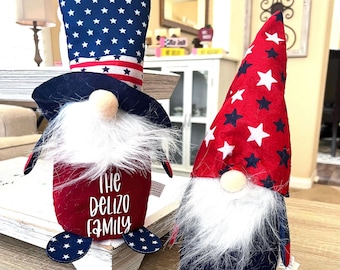 Decoración patriótica personalizada de gnomos, gnomos del 4 de julio, gnomos americanos con nombre personalizado, decoración para el hogar en rojo, blanco y azul, regalo del Día de la Independencia