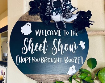 Hey Boo - Decorazione Porta Halloween Con Fantasma E Ragnatela - Cartello Rotondo In Legno