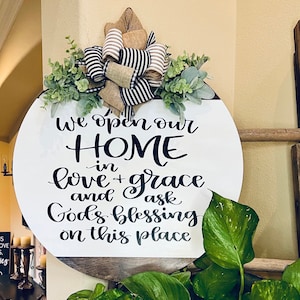 Religious Front Door Decor, We Open Our Home With Love And Grace, Christian Door Hanger, Scripture Door Wreath, Religious Front Door Sign
