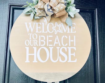 Decoración de puerta de playa, colgador de puerta de playa, letrero náutico, corona de madera de playa, decoración de puerta de bienvenida