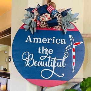 Decoración de puerta del 4 de julio, Letrero del 4 de julio, América la Bella, Percha del 4 de julio, Letrero patriótico para puerta, Corona del 4 de julio