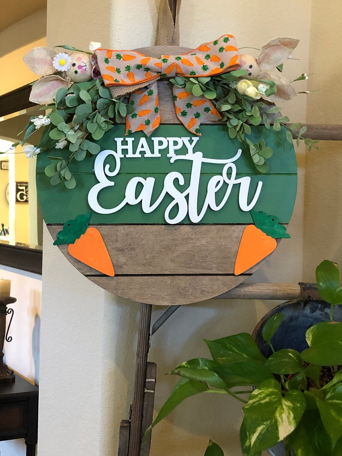 Easter Round Sign Door Decoration Wood Wreath Etsy