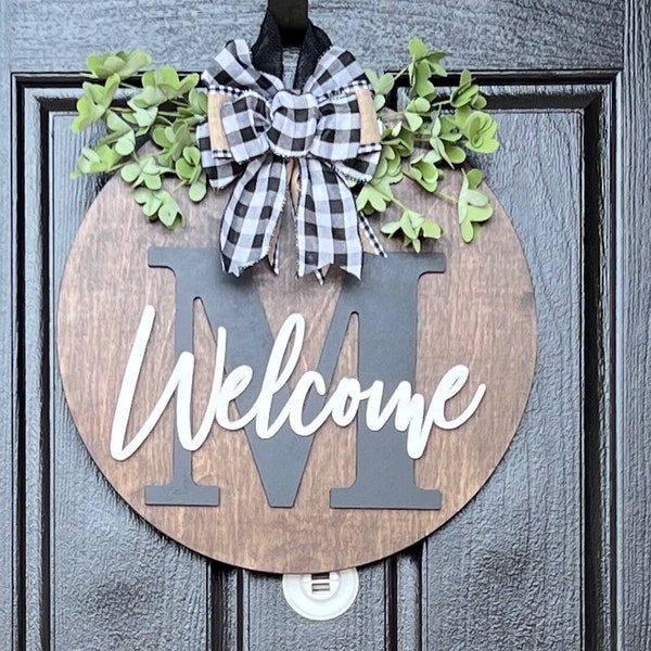 Monogram Door Hanger, Monogram Welcome Sign, Farmhouse Door Decor, Wood Wreath