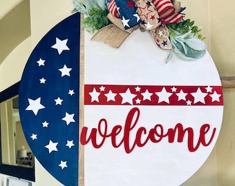Letrero de bienvenida patriótico: decoración americana para puertas del 4 de julio