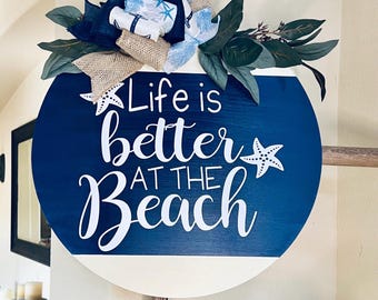 Decoración de puerta de playa, colgador de puerta de playa, letrero náutico, corona de madera de playa, decoración de puerta de bienvenida