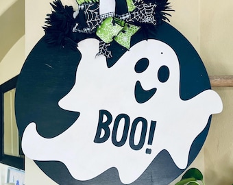 Dekoracje na drzwi na Halloween, tabliczka na drzwi na Halloween, drewniany wieniec na Halloween, październikowy wieszak na drzwi, Boo, tabliczka powitalna na drzwi, straszny napis na drzwi, dekoracje z duchami