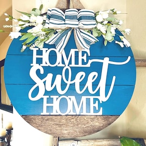 Blue Front Door Decor, Home Sweet Home Hanger, Farmhouse Door Decor, Welcome Wreath